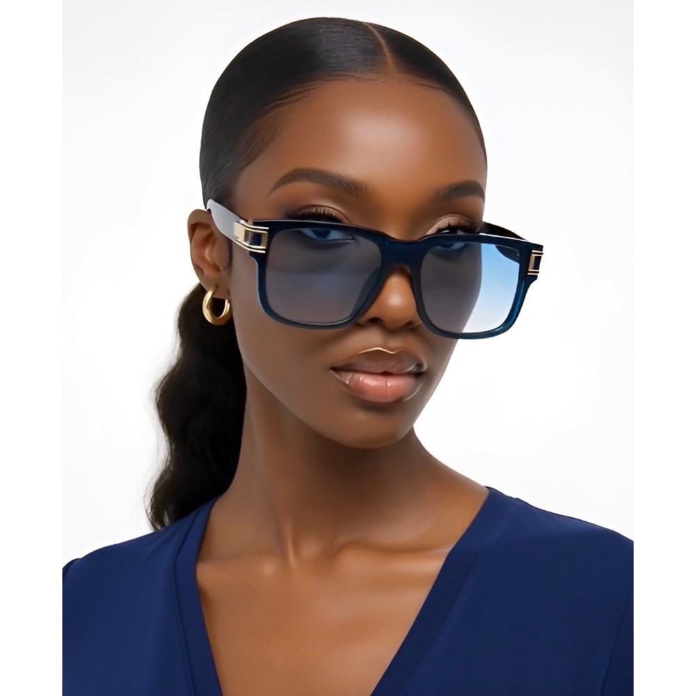 Oversized Square Navy Blue Sunglasses Gold Mesh Temple‎ Blue Gradient Lens Women